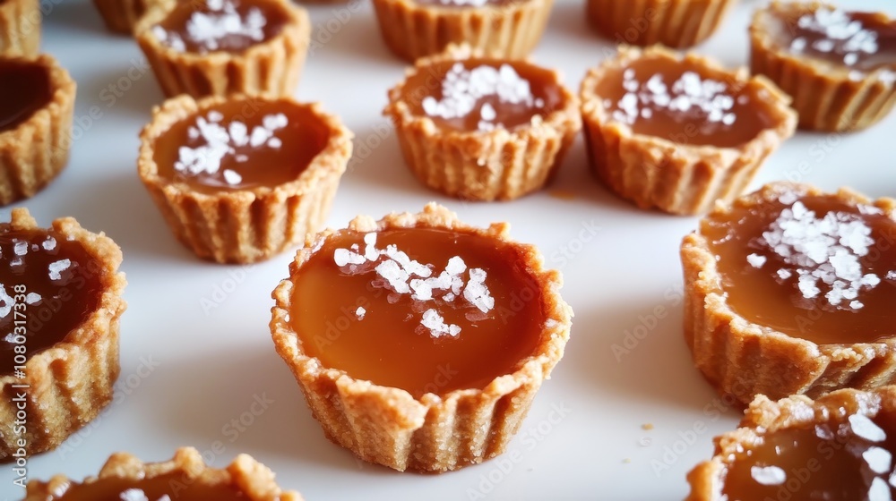 Salted caramel tarts on white surface Salted caramel tarts on white surface