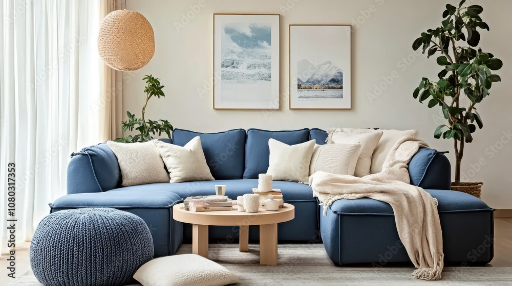 Two knitted poufs near dark blue corner sofa. Scandinavian home interior Two knitted poufs near dark blue corner sofa. Scandinavian home interior