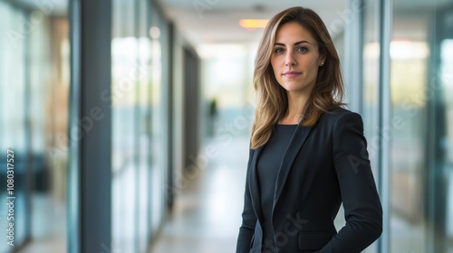 Confident Professional Woman in Business Attire Standing Gracefully in a Modern Office Corridor with Glass Walls and Soft Natural Lighting Free Download Confident Professional Woman in Business Attire Standing Gracefully in a Modern Office Corridor with Glass Walls and Soft Natural Lighting - GFXLoad