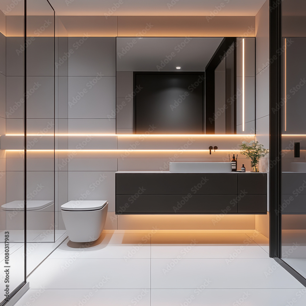 Modern minimalist style bathroom, with a toilet and sink Modern minimalist style bathroom, with a toilet and sink