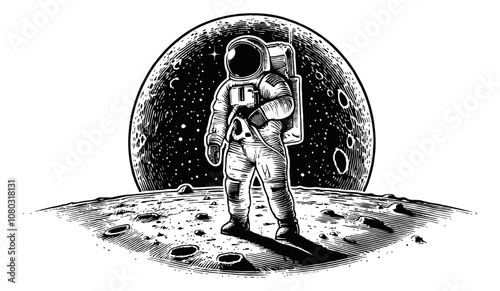 astronaut standing on the surface of the Moon engraving black and white outline