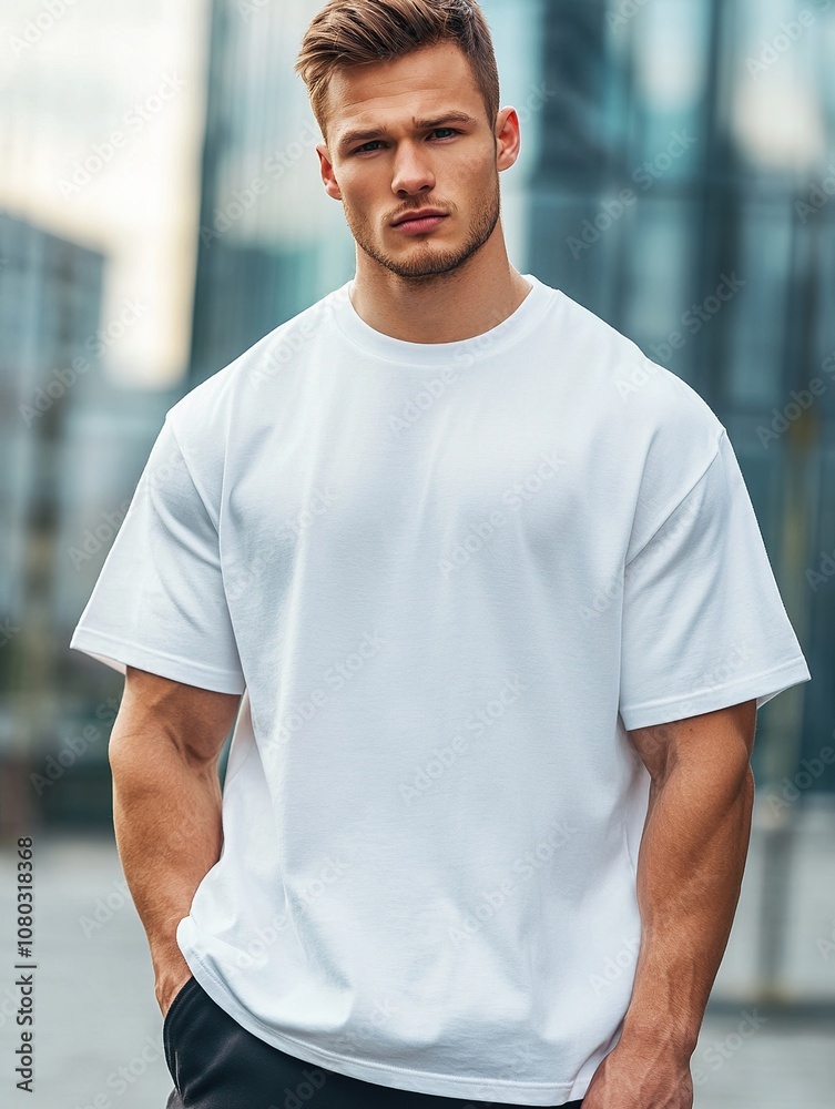 Young man in white cotton oversized t-shirt standing on the street of modern city. Blank clothes template Young man in white cotton oversized t-shirt standing on the street of modern city. Blank clothes template
