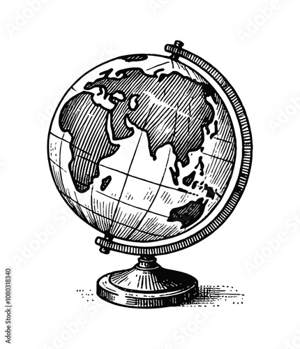 earth globe engraving black and white outline