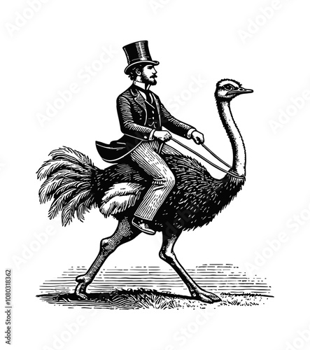 man in a top hat riding an ostrich engraving black and white outline