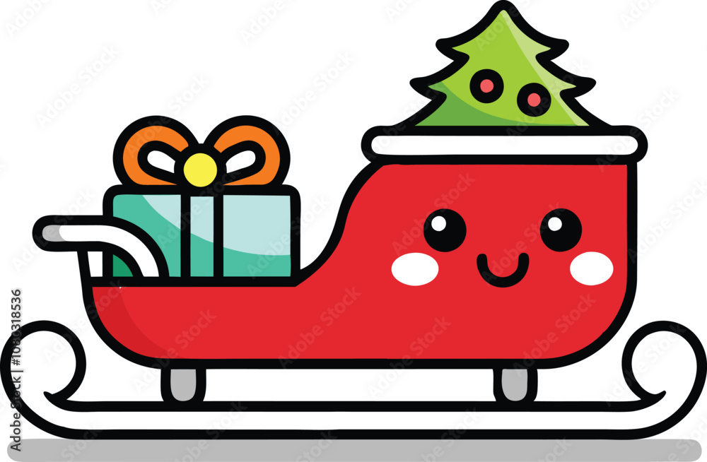 Naklejka premium Adorable Kawaii Sleigh Filled with Christmas Gifts Illustration
