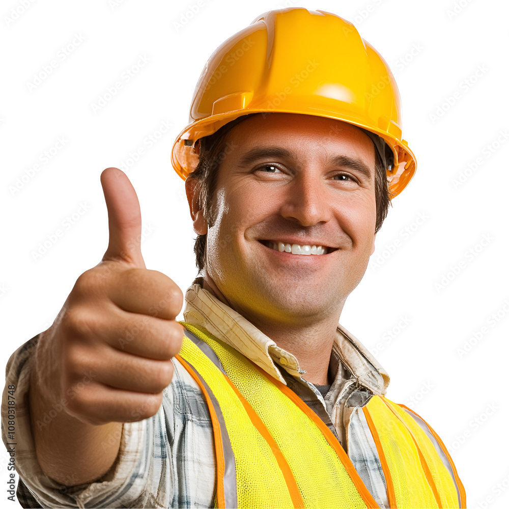 Man construction worker showing thumbs up and smiling, isolated on transparent background. Man construction worker showing thumbs up and smiling, isolated on transparent background.