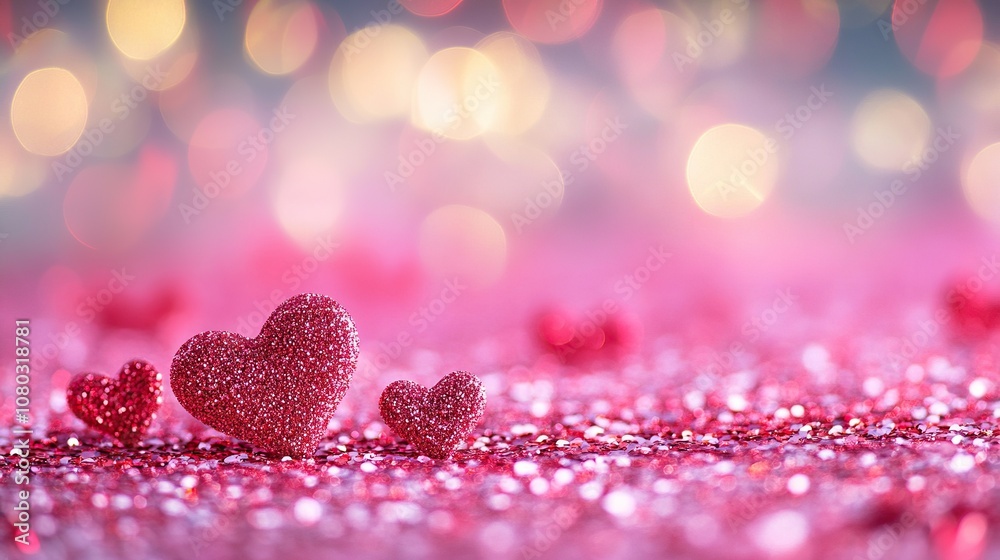 Fototapeta premium Valentine's day banner. Heart confetti and glitter on pink abstract background, bokeh light
