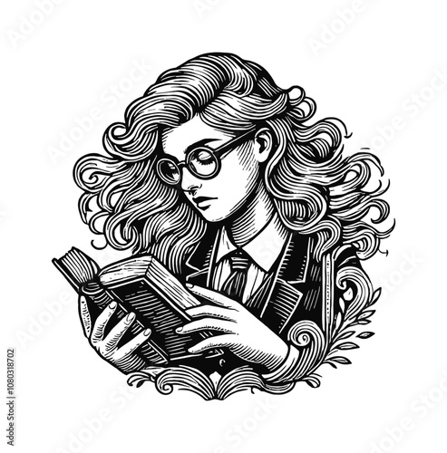 girl wavy hair wearing glasses reading a book engraving black and white outline
