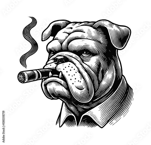 bulldog with a cigar in its mouth engraving black and white outline