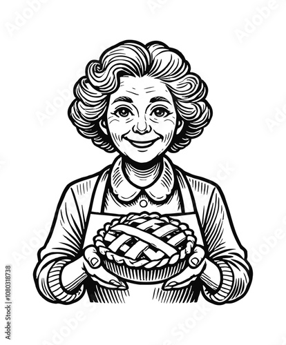 grandmother holding a pie engraving black and white outline