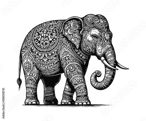 elephant tattoo engraving black and white outline