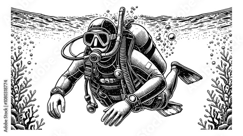 scuba diver underwater engraving black and white outline
