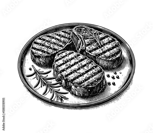 grilled meat steak on plate engraving black and white outline