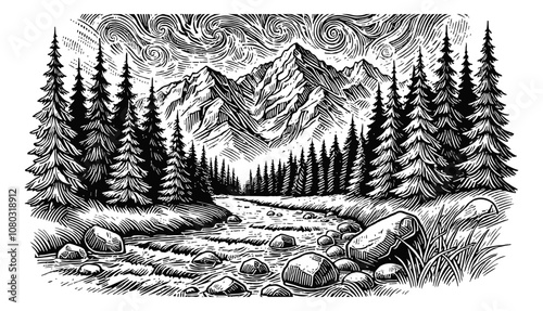 mountain landscape river tree engraving black and white outline