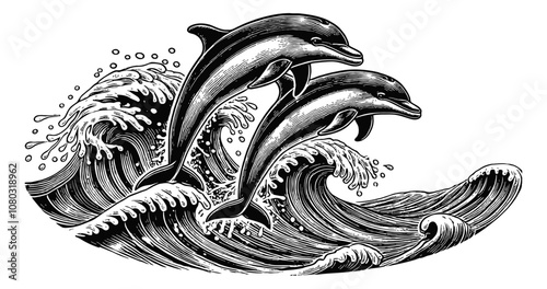 two dolphins leaping from ocean wave engraving black and white outline