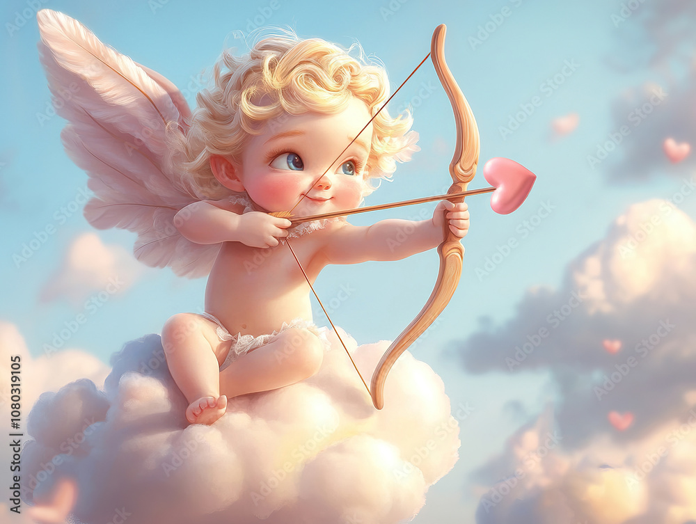 Fototapeta premium Cute baby Cupid holding a crossbow and shooting a heart. Happy cartoon character with wings on pink clouds. Valentine's Day card