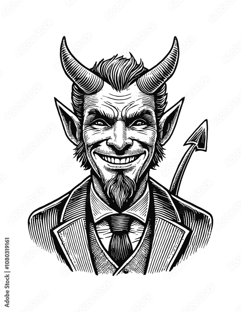 Obraz premium devil man suit engraving black and white outline