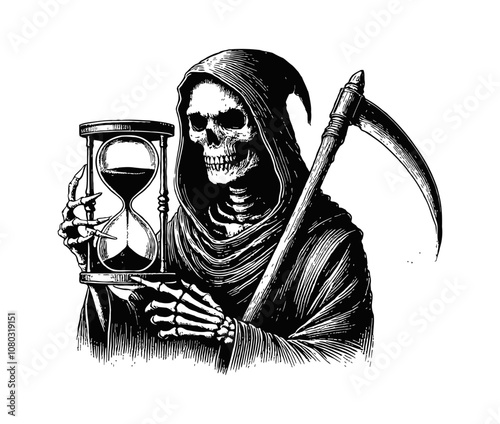 skull hood sand clock scythe engraving black and white outline