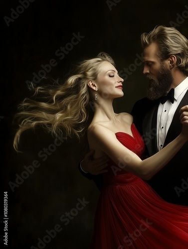 Elegant couple man in tuxedo and woman in red dress passionate dance waltz