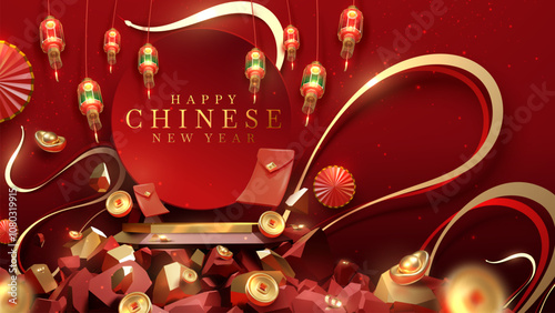 Golden podium on a pile of rocks decorated with realistic 3D Chinese New Year decorations, elegant Year of the Snake backdrop for product promotion.