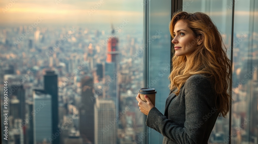 Fototapeta premium Strong and Confident Woman Gazing Out of Large Office Window Overlooking Cityscape with a Warm Beverage in Hand during Daylight