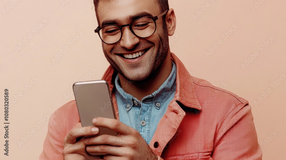 Man laughing while holding smartphone Man laughing while holding smartphone