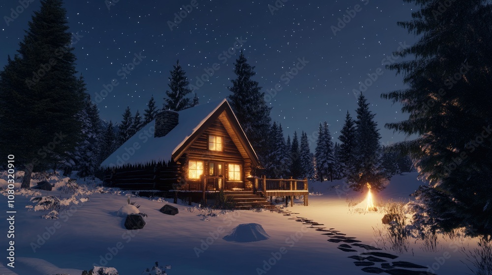 Fototapeta premium A snow-covered log cabin with warm lights inside, nestled among pine trees. Open sky area for a Christmas message.