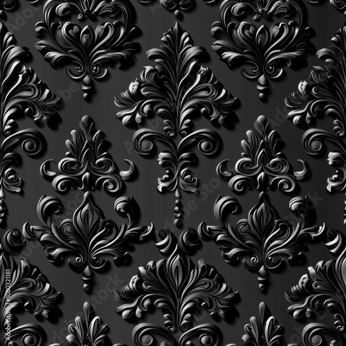 Seamless pattern, Elegant black damask pattern showcasing intricate floral designs in a seamless repeat for sophisticated interior decoration