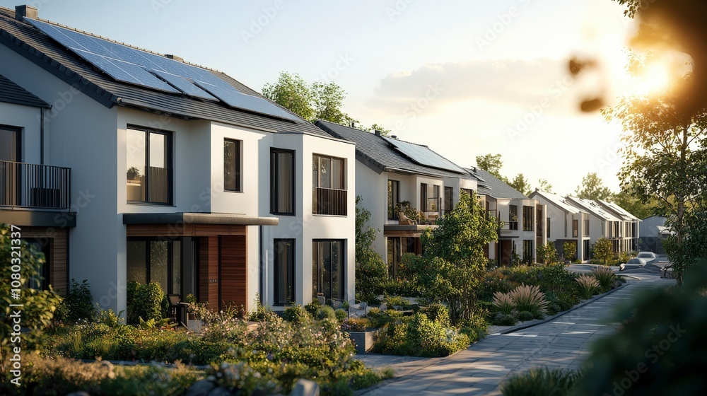 Modern homes equipped with solar panels, set in a peaceful residential area, highlighting sustainable architecture and a commitment to green living lifestyles. Modern homes equipped with solar panels, set in a peaceful residential area, highlighting sustainable architecture and a commitment to green living lifestyles.