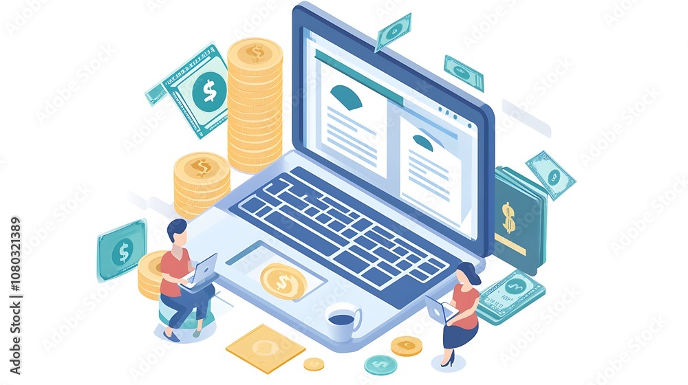 Illustration of online finance with a laptop, money, and people engaged in digital transactions. Illustration of online finance with a laptop, money, and people engaged in digital transactions.