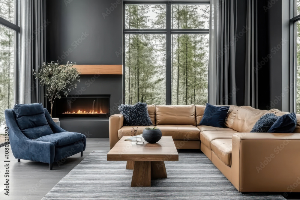 Obraz premium Beige leather sofa and blue fabric lounge chair in room with fireplace interior design of modern living room