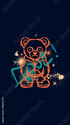 Orange bear with blue and yellow abstract shapes. 

