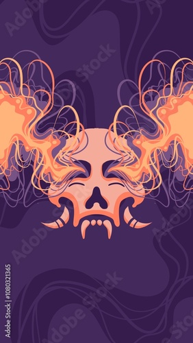 Purple background, skull with horns, orange flames, abstract lines. 
