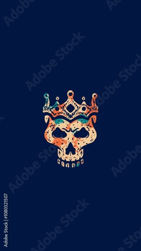 Crown atop skull, orange, blue, yellow, black, blue background. 
