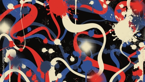 Abstract background with curved lines, red, blue, white paint splatters and polka dot patterns. 