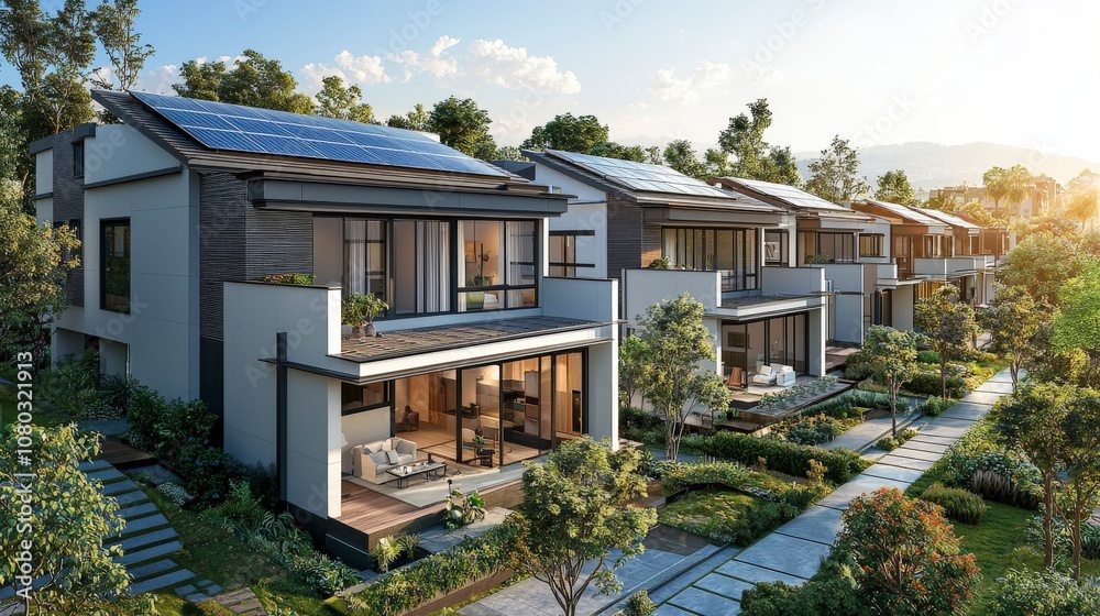 Row of elegant homes fitted with solar panels, set in a picturesque setting, showcasing a sustainable lifestyle with modern architectural design and lush greenery. Row of elegant homes fitted with solar panels, set in a picturesque setting, showcasing a sustainable lifestyle with modern architectural design and lush greenery.