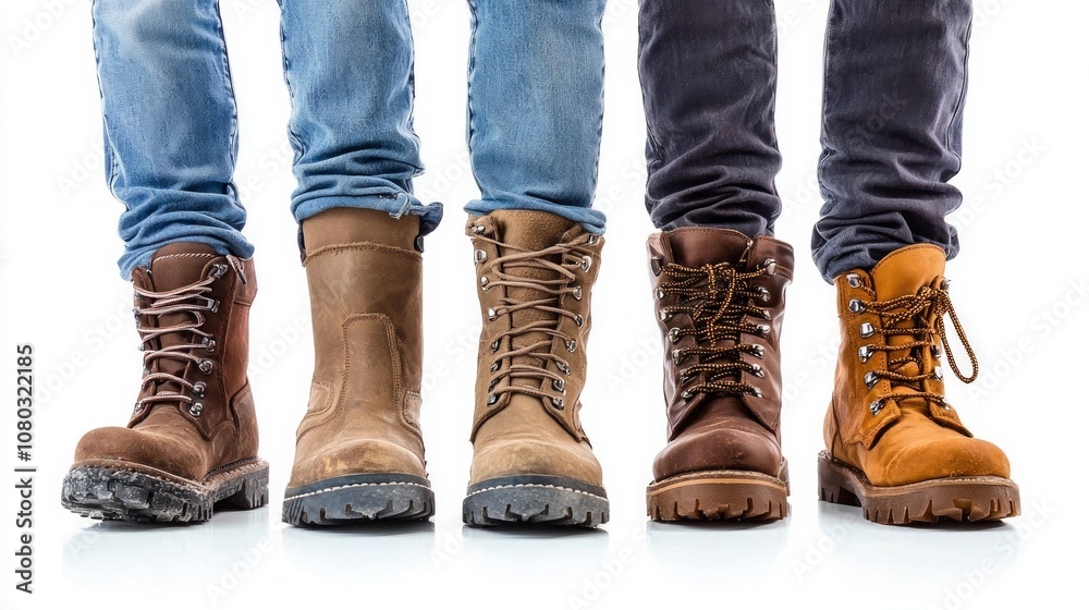 Different styles of work and hiking boots lined up for comparison on a white background in a minimalist setting Different styles of work and hiking boots lined up for comparison on a white background in a minimalist setting