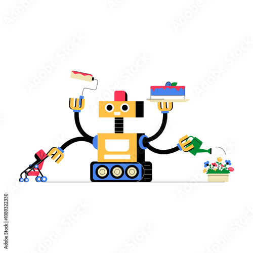 Multifunctional Robot With Multiple Arms Handling Various Household Tasks, Flat Vector Illustration of Automation, Efficiency, And Robotics In Household Chores, Isolated On White Background