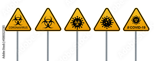 Coronavirus warning sign in a triangle and warning tape vector illustration. Coronavirus in Europe. Chinese virus outbreak. Global epidemic of COVID-2019.