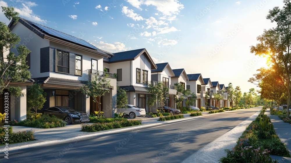 A picturesque neighborhood featuring modern, solar-powered homes with sleek designs and green landscapes symbolizing harmony and residential innovation. A picturesque neighborhood featuring modern, solar-powered homes with sleek designs and green landscapes symbolizing harmony and residential innovation.