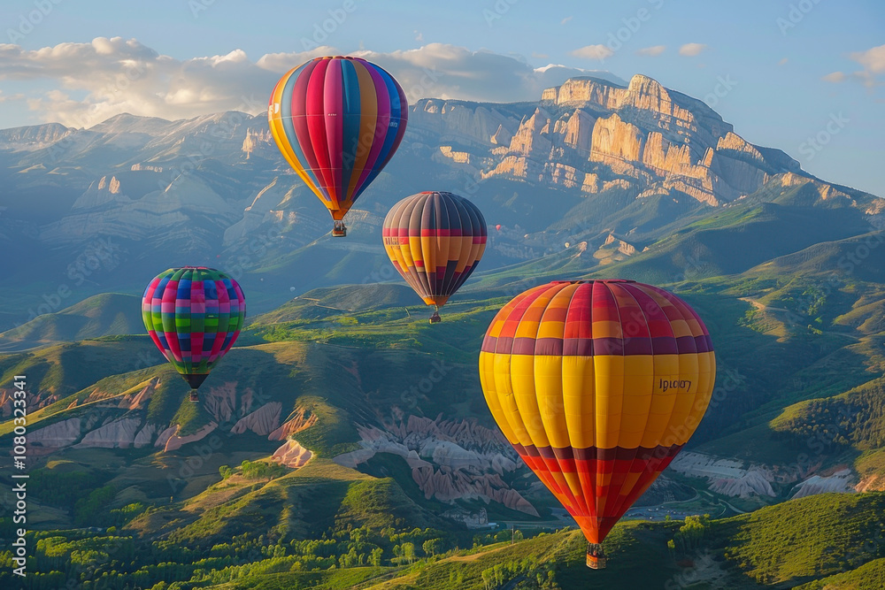 Naklejka premium Colorful hot air balloons flying over mountain