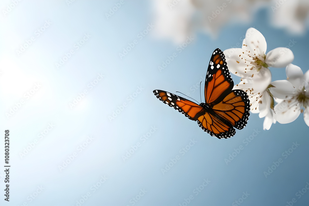 Fototapeta premium A beautiful image of a butterfly landing on a flower petal, capturing the delicate beauty of nature. A butterfly resting on a blossom.