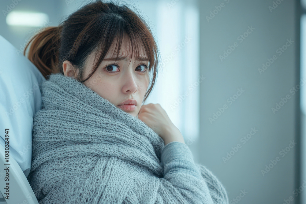 Japanese woman wrapped in a cozy blanket feeling cold indoors Japanese woman wrapped in a cozy blanket feeling cold indoors