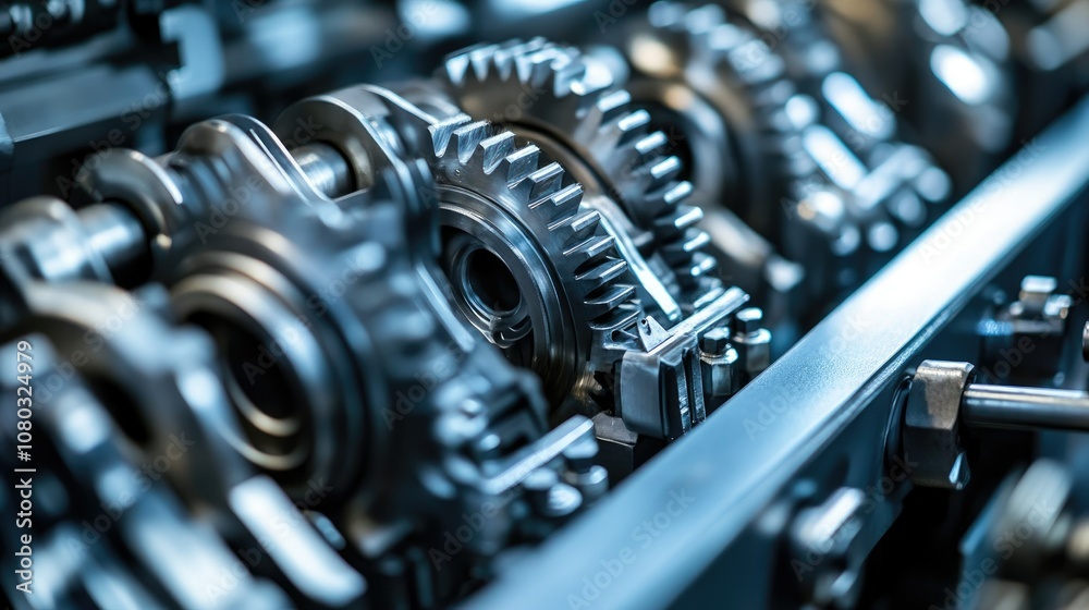 Close-Up View of Intricate Metal Gears and Machinery Components Showcasing Precision Engineering and Industrial Design in a Modern Workshop Setting Close-Up View of Intricate Metal Gears and Machinery Components Showcasing Precision Engineering and Industrial Design in a Modern Workshop Setting