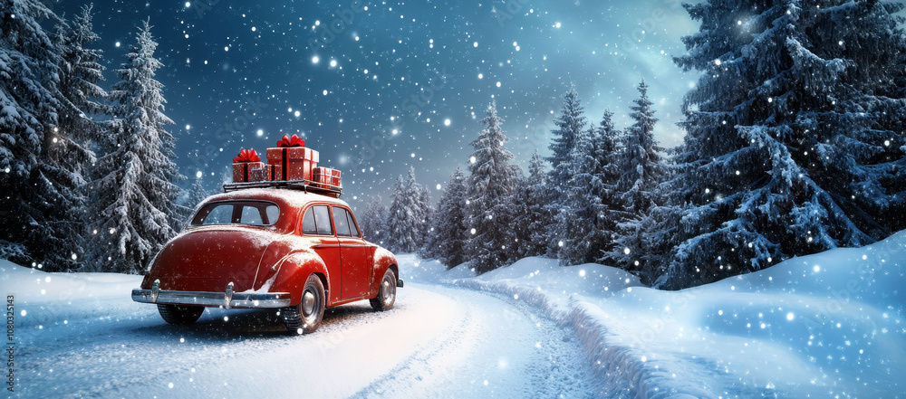Whimsical winter scene with red car and Christmas gifts on snowy road Whimsical winter scene with red car and Christmas gifts on snowy road