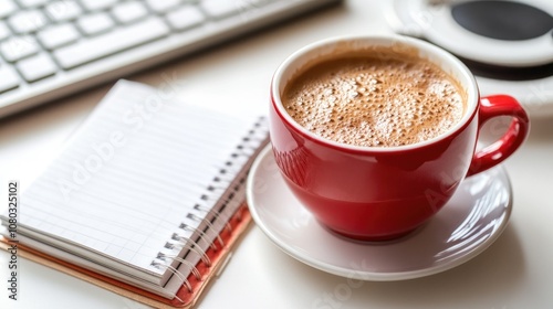 A Cozy Coffee Moment: Enjoying a Hot Beverage in a Red Mug with a Notebook on a Desk, Perfect for a Relaxed Workspace or Creative Inspiration