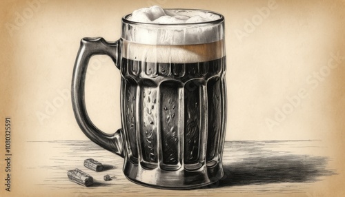 Realistic drawing of a beer mug with frothy head on a textured background photo