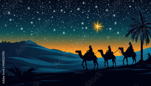 The three wise men journey through the starry desert night