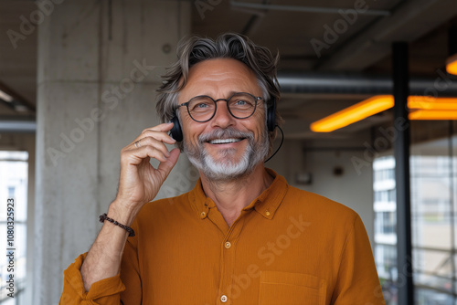 A cheerful man with glasses and headset smiles while working in modern co working space, showcasing positive and engaging atmosphere photo