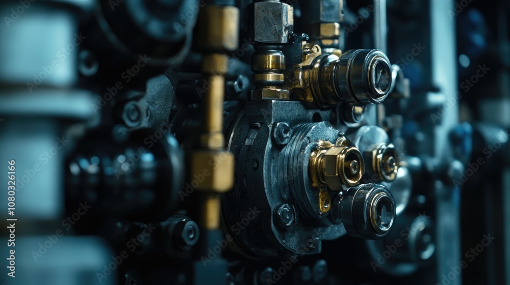 Close-Up View of Industrial Machinery Components Featuring Metallic Pipe Fittings, Valves, and Connectors with Intricate Details and Textures in a Dark Environment Close-Up View of Industrial Machinery Components Featuring Metallic Pipe Fittings, Valves, and Connectors with Intricate Details and Textures in a Dark Environment